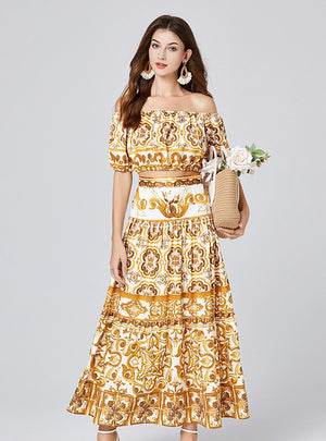 Retro Off the Shoulder Printed Skirt Dress