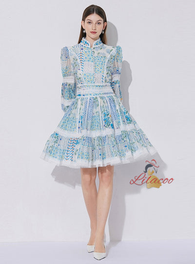 Lace Stitching Lantern Sleeves Dress