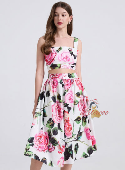 Printed Tube Top Suspender Vest Skirt Suit