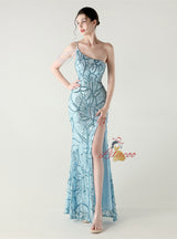 Mermaid Sequins One Shoulder Split Beading Prom Dress
