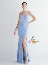 Spaghetti Straps Mermaid Sequins Split Prom Dress