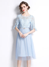 Hollow Chiffon Lace Solid Color Dress