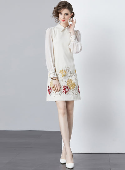 Embroidered Stitching Transparent Sleeve Dress