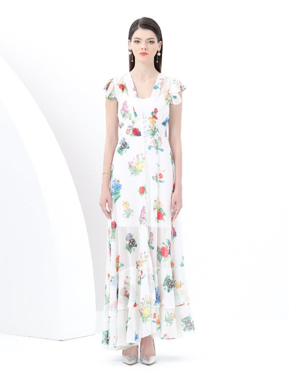 Retro Deep V-neck Floral Long Dress