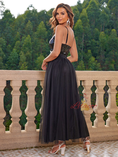 Sequins Tulle V-neck Party Dress