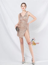 V-neck Sequins Split Short Prom Dress