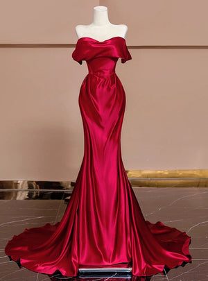 Burgundy Satin Off the Shoulder Pleats Prom Dress
