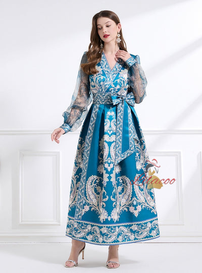 Retro Palace Printed Long Bubble Sleeve Dress