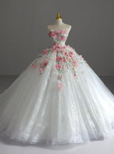 White Tulle Strapless 3D Flower Wedding Dress