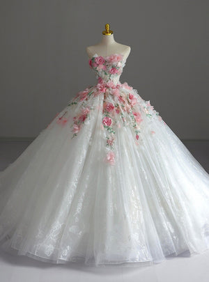 White Tulle Strapless 3D Flower Wedding Dress