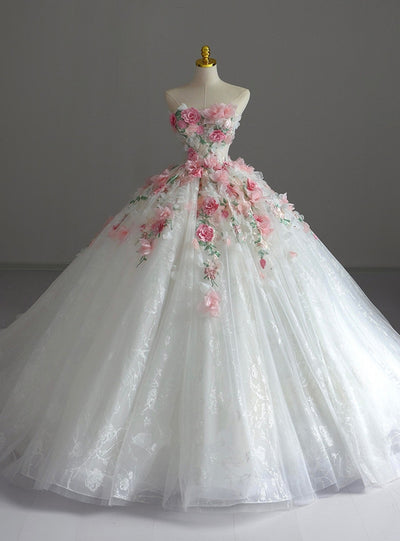 White Tulle Strapless 3D Flower Wedding Dress