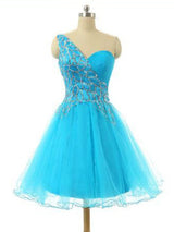 Blue Tulle One Shoulder Beading Homecoming Dress