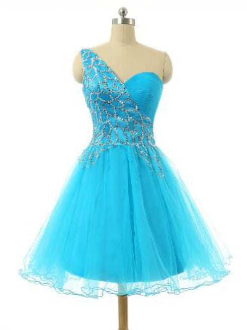 Blue Tulle One Shoulder Beading Homecoming Dress