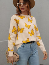 Printed Butterfly Round Neck Loose Sweater