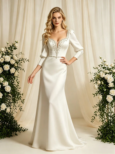 Ivory Satin Long Sleeve Beading Wedding Dress