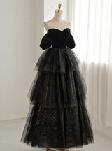 Black Tulle Sequins Velvet Short Sleeve Prom Dress
