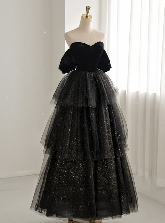Black Tulle Sequins Velvet Short Sleeve Prom Dress