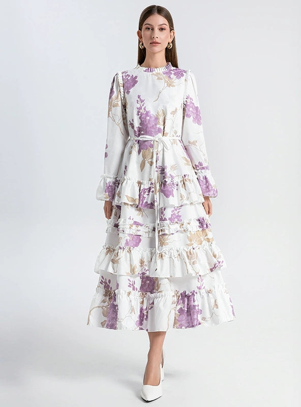 Round Neck Trumpet Long Sleeve Ruffled Dress