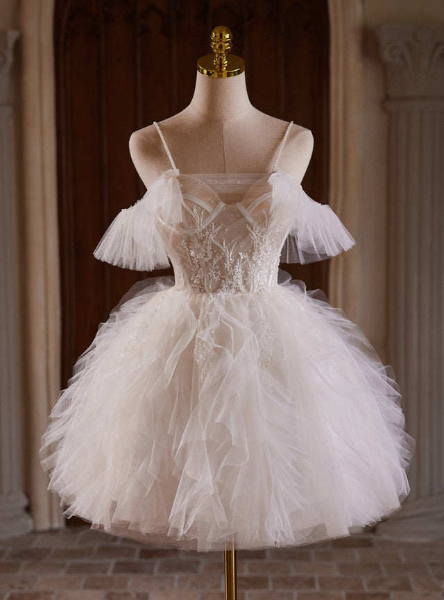 White Tulle Spaghetti Straps Homecoming Dress