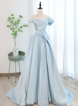Blue Satin Tulle Off the Shoulder Pleats Prom Dress