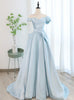 Blue Satin Tulle Off the Shoulder Pleats Prom Dress