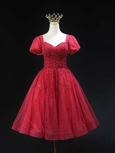 Burgundy Tulle Sequins Short Sleeve Homecoming Dress