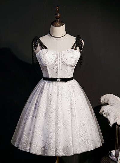 A-Line White Lace Straps Homecoming Dress