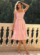 Women Stripe Strap Pleated Dress