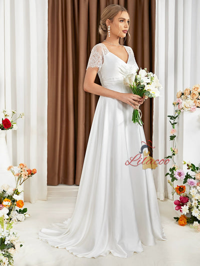 White Short Sleeve Lace Bridas Dress