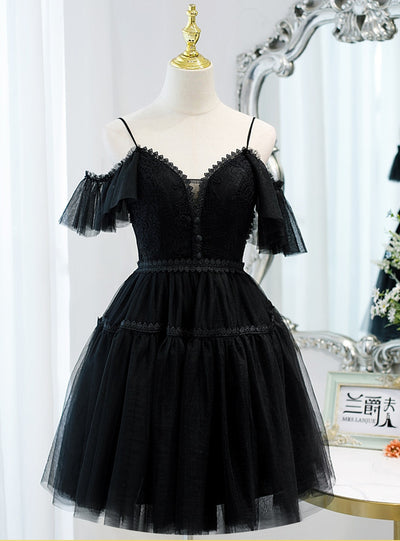 Black Tulle Lace Button Homecoming Dress