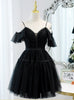 Black Tulle Lace Button Homecoming Dress