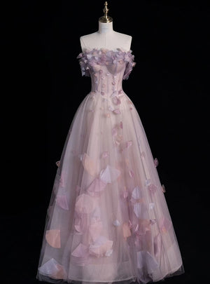 Purple Tulle 3D Flower See Through Prom Dress