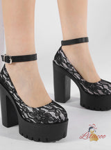 Lace Flower Mary Jane Round Head Thick Shoes