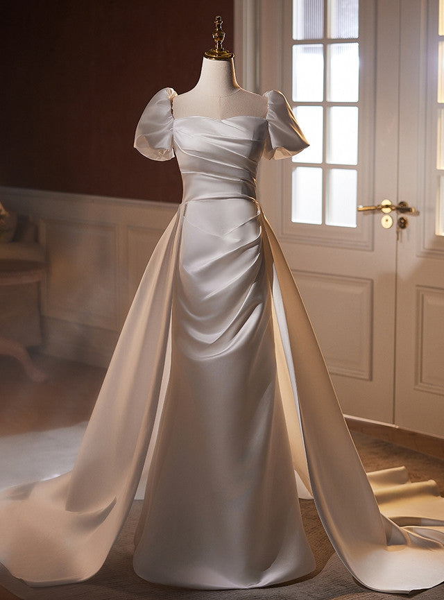 White Satin Puff Sleeve Pleats Wedding Dress