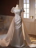 White Satin Puff Sleeve Pleats Wedding Dress