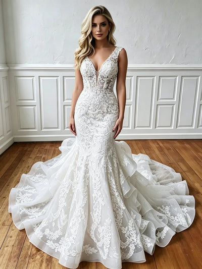 White Mermaid Appliques V-neck Wedding Dress