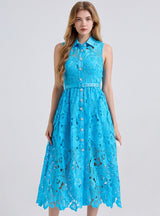 Sleeveless Long Lace Lapels Buttons Dress