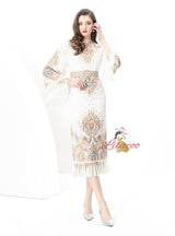 Retro Round Neck Flared Sleeve Fringed Dress
