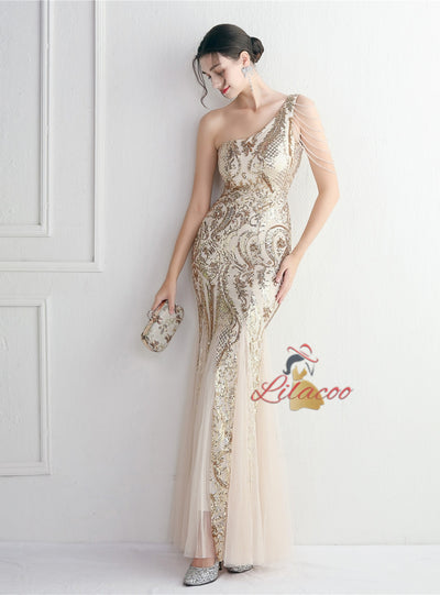 Sequins One Shoulder Beading Prom Dress