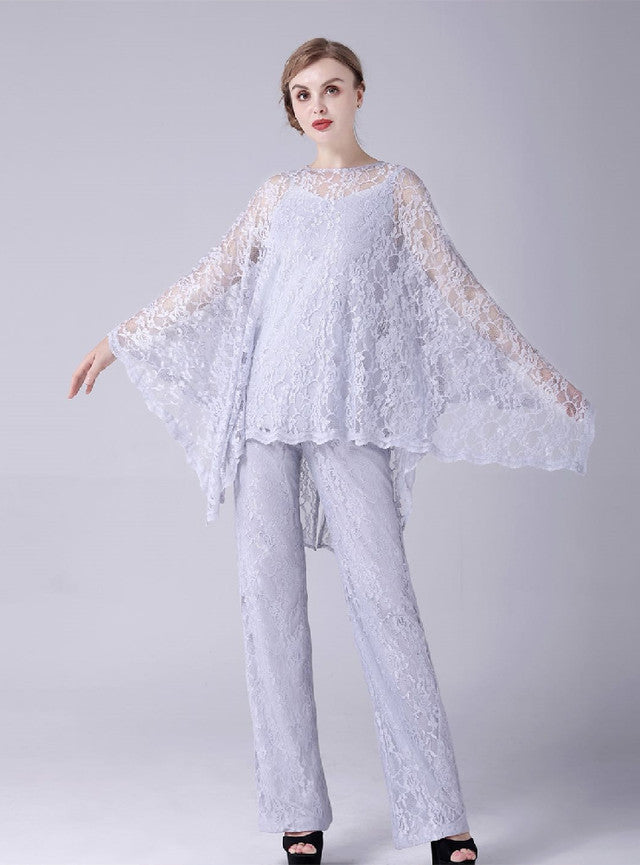 Gray Chiffon Lace 3 Piece Mother Of The Bride Dress