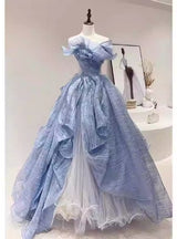 Blue Tulle Strapless Pleats Prom Dress