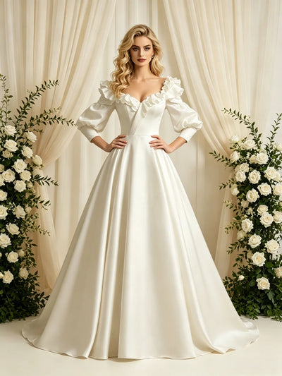 Short Sleeve Satin Square Neck Wedding Dress