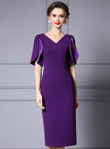 Purple Short Sleeve Beading Mother Of The Bride Dress