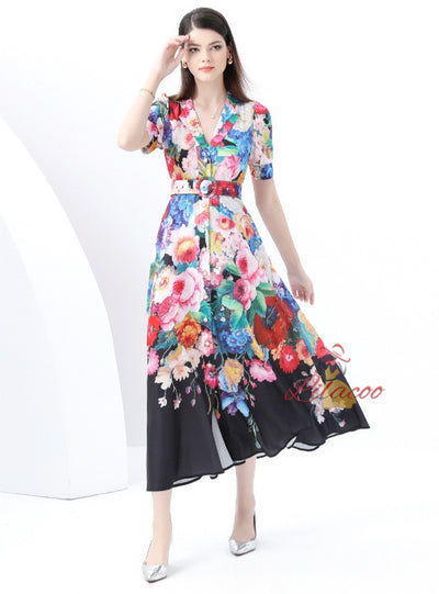 Retro Breasted Slim Printed Dress