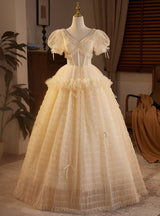 Champagne Tulle V-neck Beading Wedding Dress