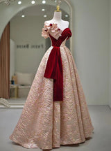 Champagne 3D Flower Velvet Pleats Prom Dress