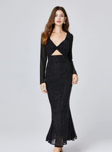 Long Sleeve Sequined Rhinestone Dress