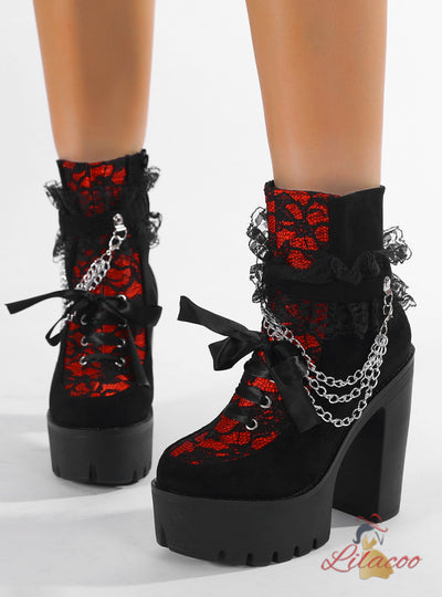 Retro Lace Thick Heel High Heel Booties