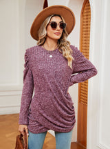 Solid Color Round Neck Twisted Long Sleeve T-shirt