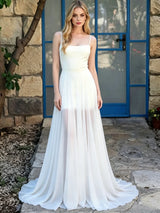White Chiffon Spaghetti Straps Wedding Dress
